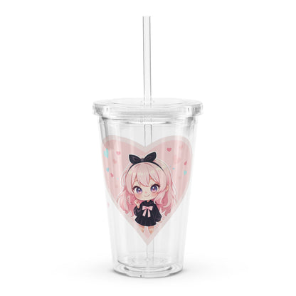 Charming 16oz tumbler featuring a cute chibi character in a pink heart, perfect for Valentine’s Day sipping.