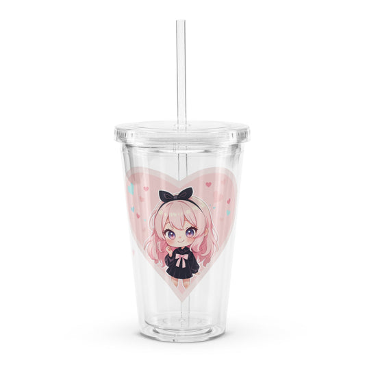Charming 16oz tumbler featuring a cute chibi character in a pink heart, perfect for Valentine’s Day sipping.