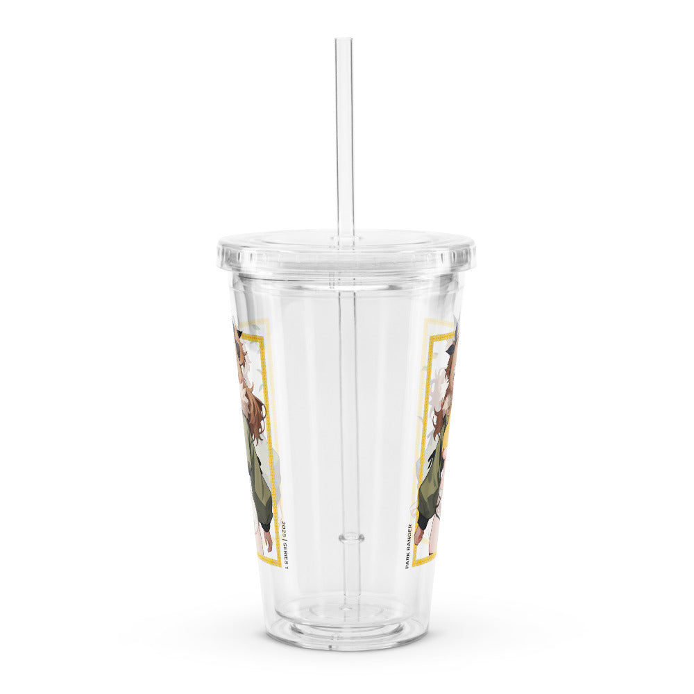 Clear tumbler featuring a charming park ranger waifu with vibrant colors and double-wall insulation for cool drinks.