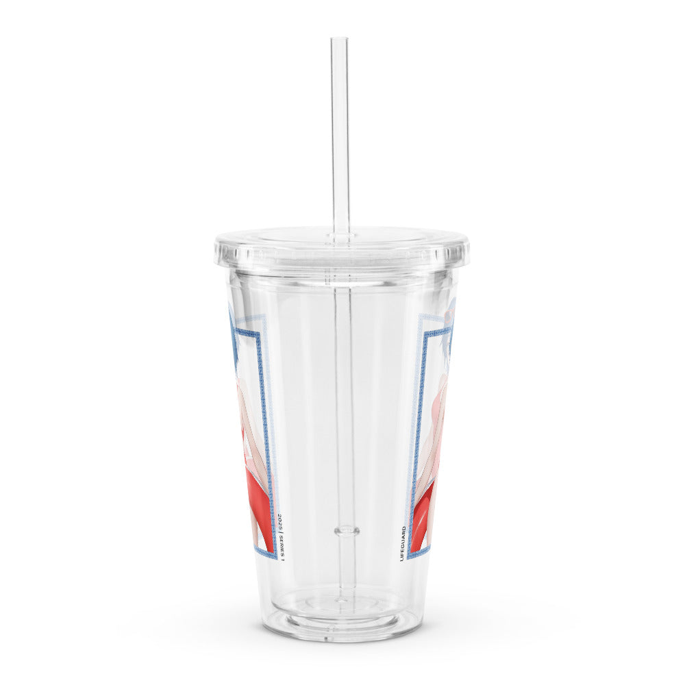 Clear plastic tumbler features a vibrant illustration and a matching straw, perfect for cold beverages.