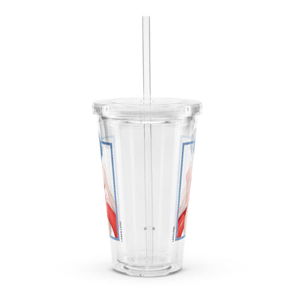 Clear plastic tumbler features a vibrant illustration and a matching straw, perfect for cold beverages.
