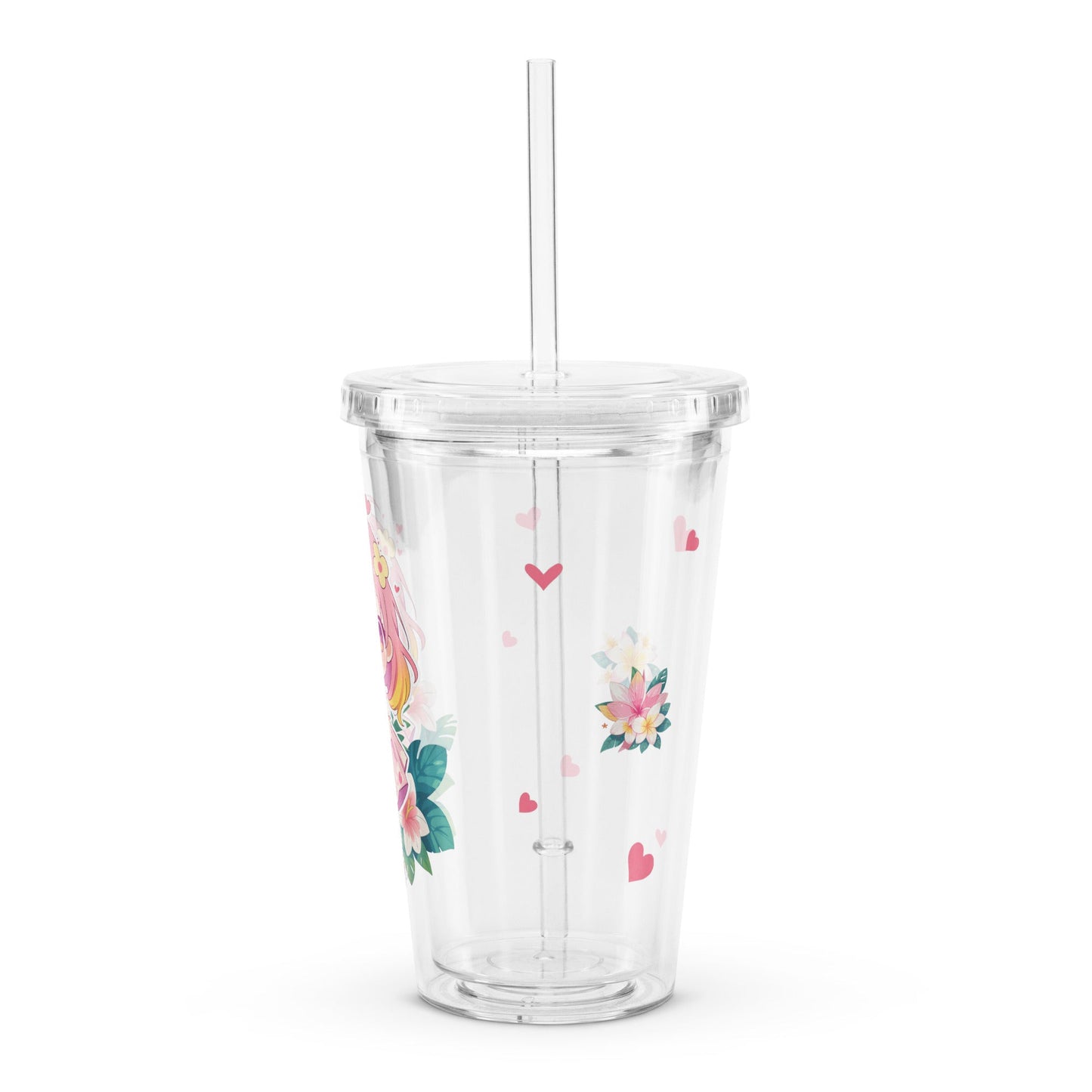 Clear tumbler featuring a cute chibi character surrounded by tropical flowers and hearts, ideal for summer sipping.
