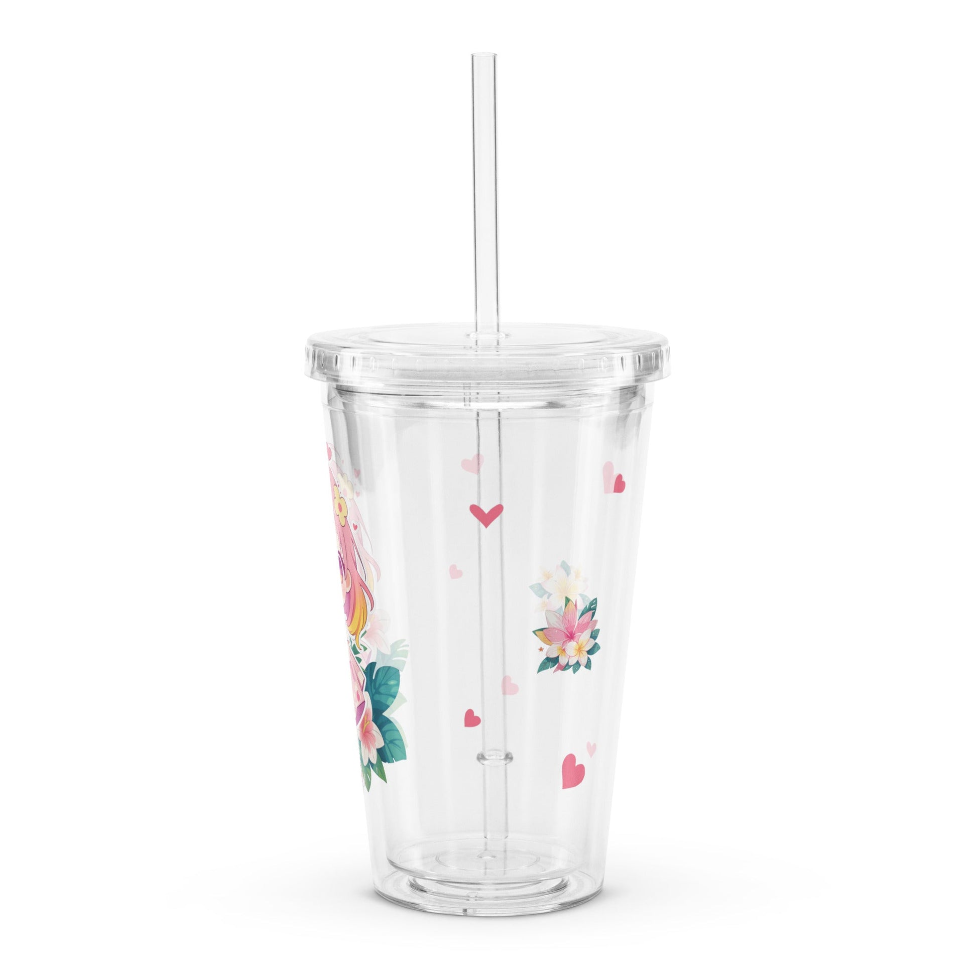 Clear tumbler featuring a cute chibi character surrounded by tropical flowers and hearts, ideal for summer sipping.