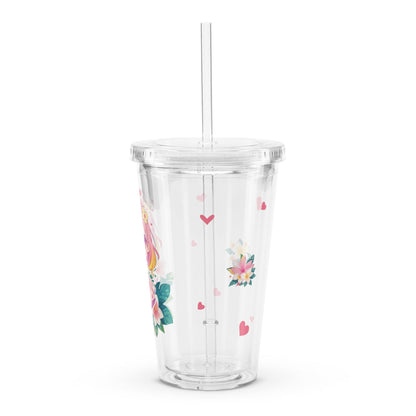 Clear tumbler featuring a cute chibi character surrounded by tropical flowers and hearts, ideal for summer sipping.
