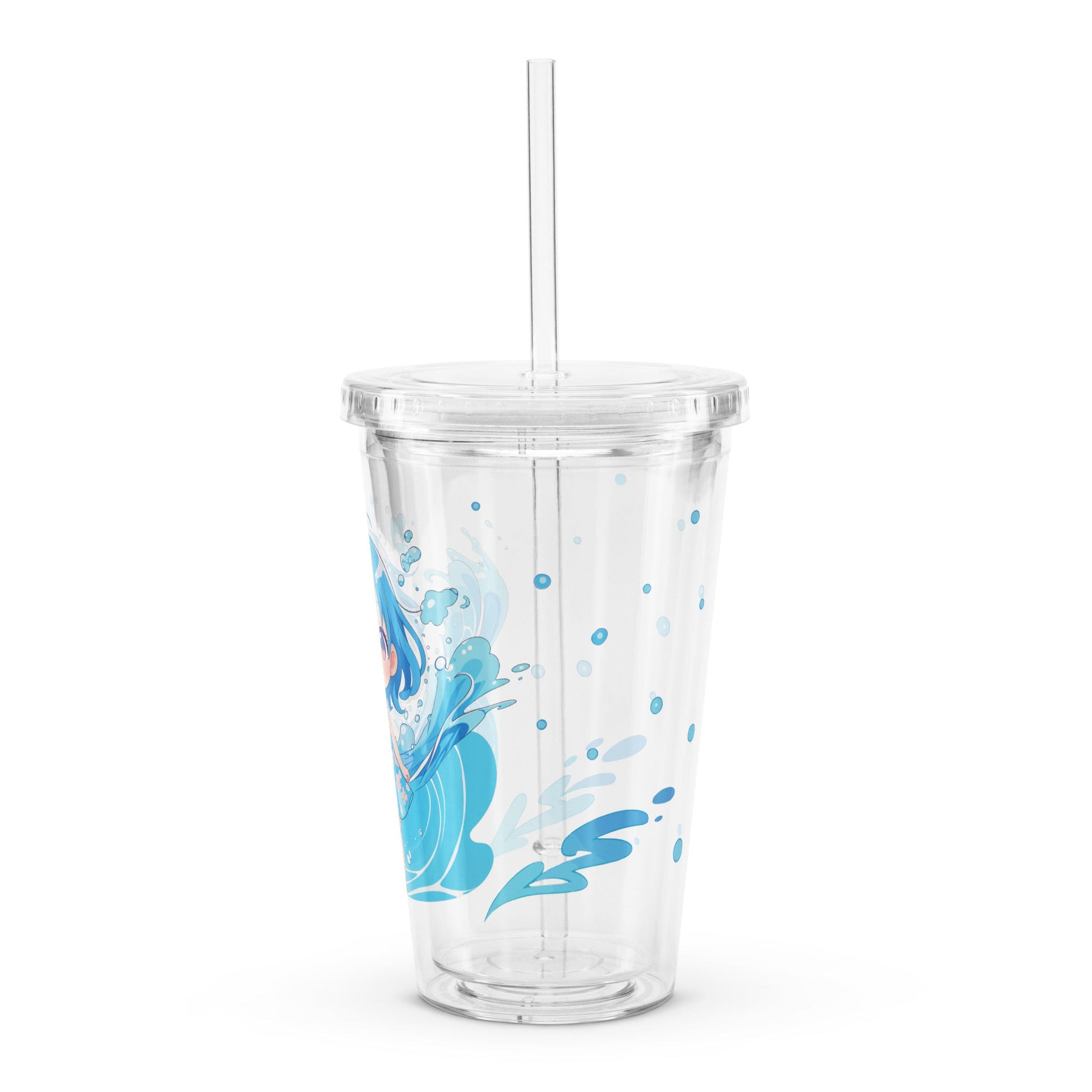 A clear tumbler featuring kawaii tropical artwork and a reusable straw, perfect for summer drinks and eco-friendly fun.