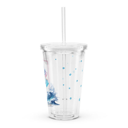 Clear tumbler showcasing a whimsical Aqua Fox illustration with vibrant colors and playful oceanic elements.