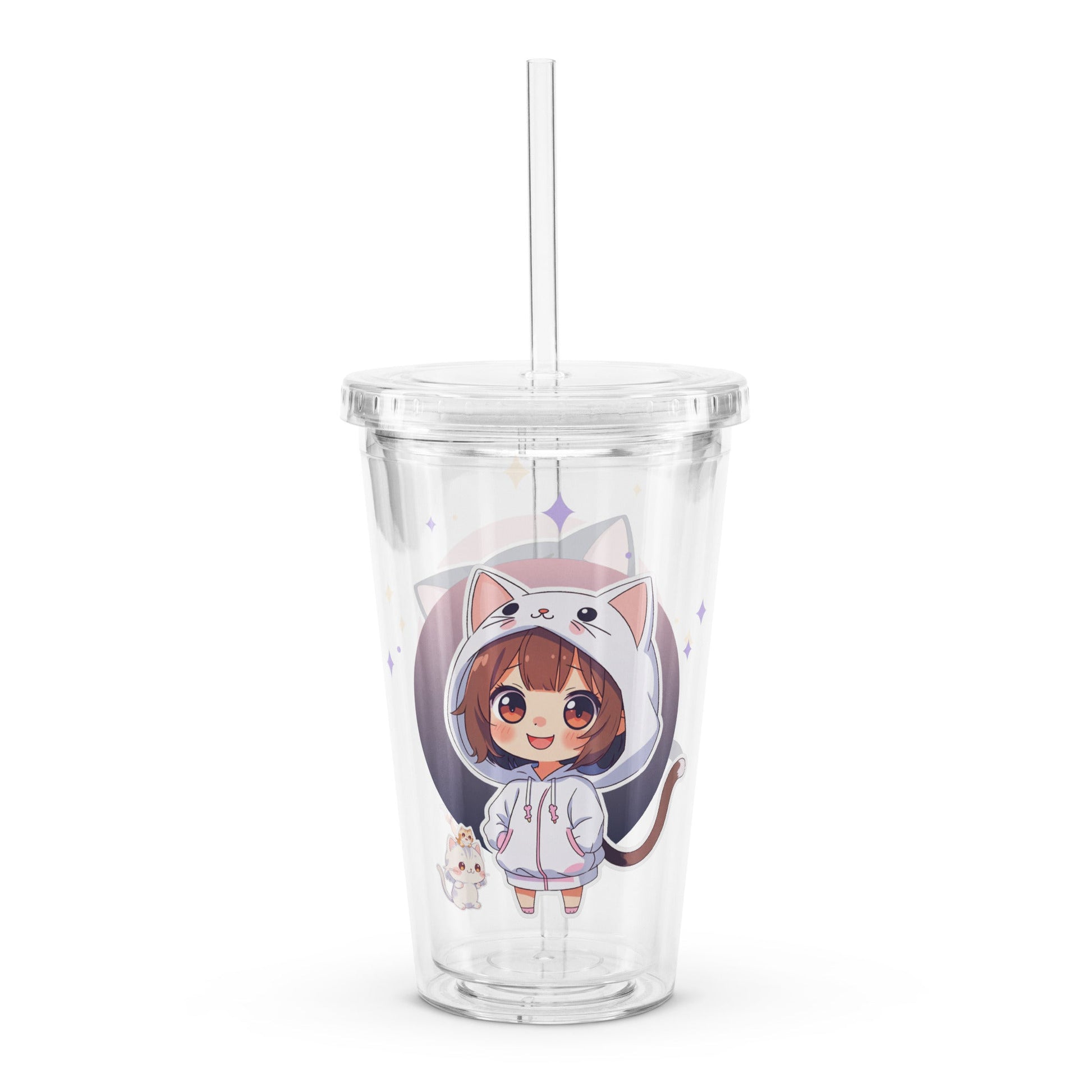 Clear tumbler featuring two chibi kitty girls, one with a cat hood, perfect for stylish hydration on the go.