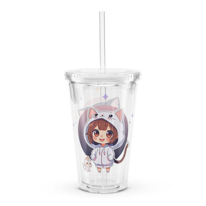 Clear tumbler featuring two chibi kitty girls, one with a cat hood, perfect for stylish hydration on the go.