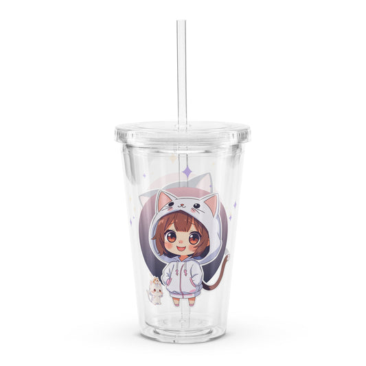 Clear tumbler featuring two chibi kitty girls, one with a cat hood, perfect for stylish hydration on the go.