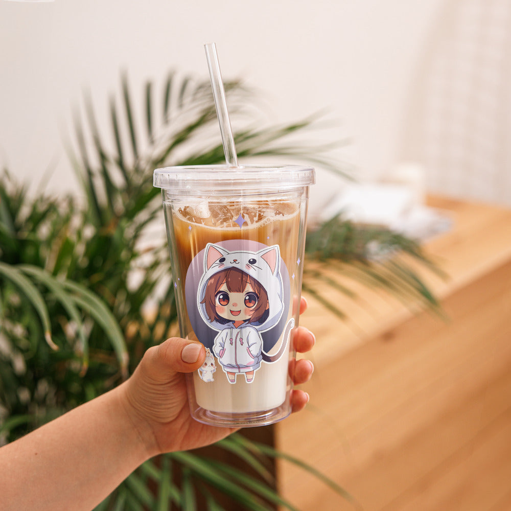 Clear tumbler featuring chibi kitty girls on both sides, perfect for stylish sips and showcasing your love for cats.