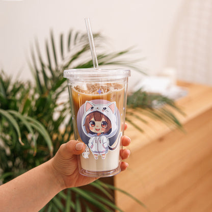 Clear tumbler featuring chibi kitty girls on both sides, perfect for stylish sips and showcasing your love for cats.