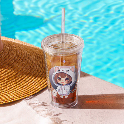 Clear tumbler featuring two chibi kitty girls, perfect for sipping drinks stylishly by the pool.