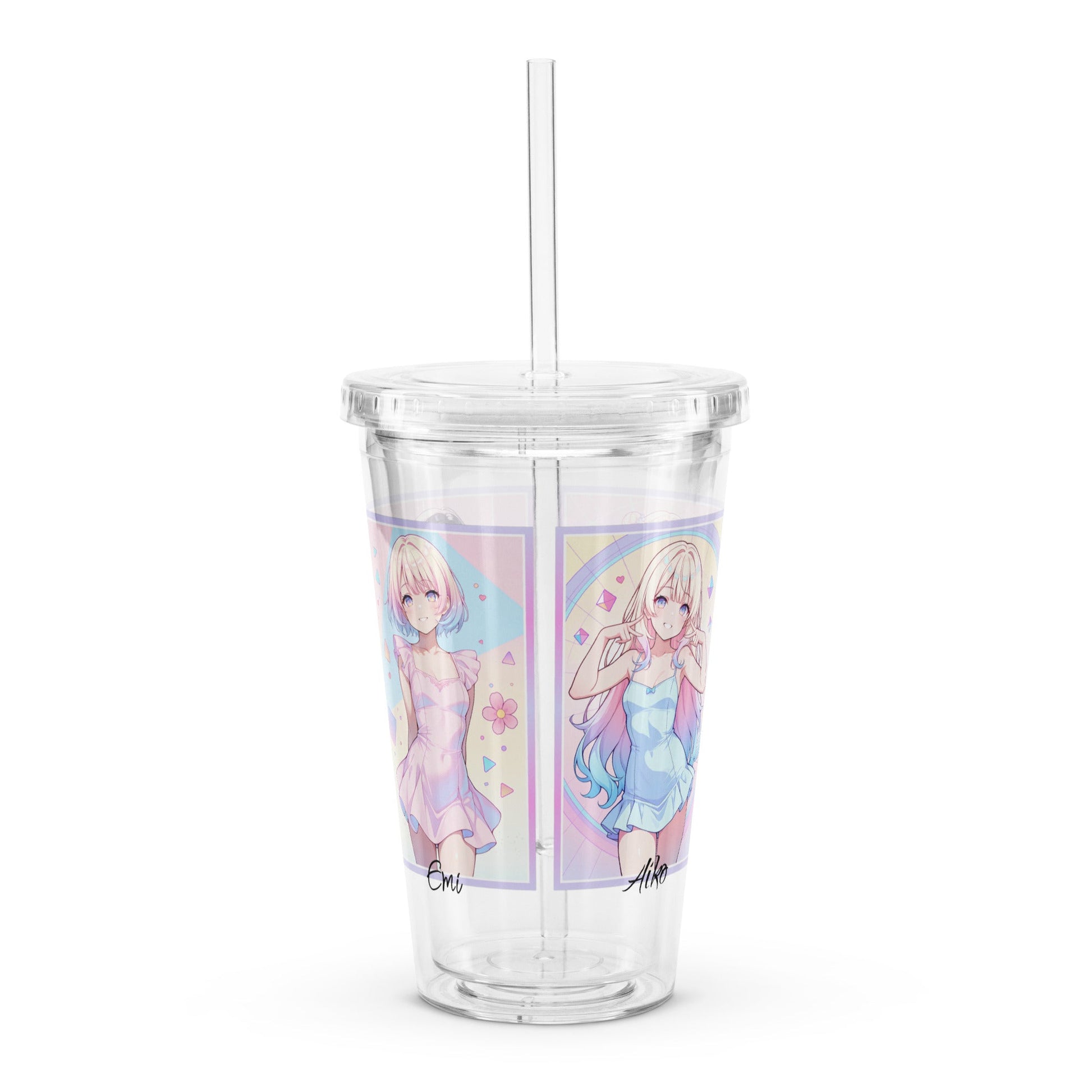 Clear tumbler featuring vibrant anime characters Emi and Aiko, perfect for stylish hydration on the go.
