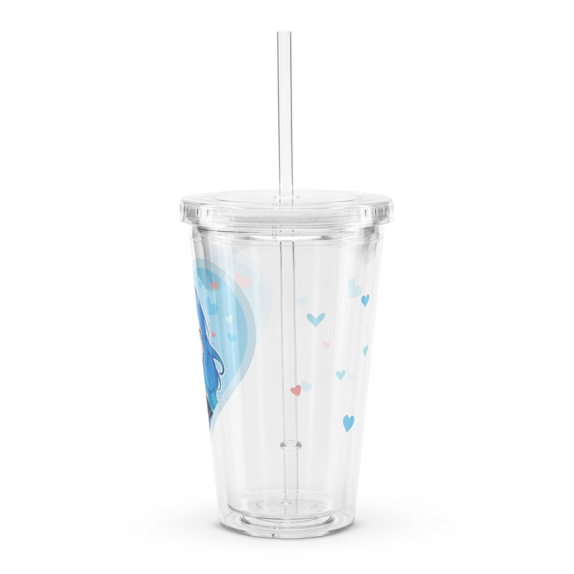 Clear tumbler featuring a blue-haired chibi in a heart, adorned with pastel hearts, perfect for Valentine's Day.