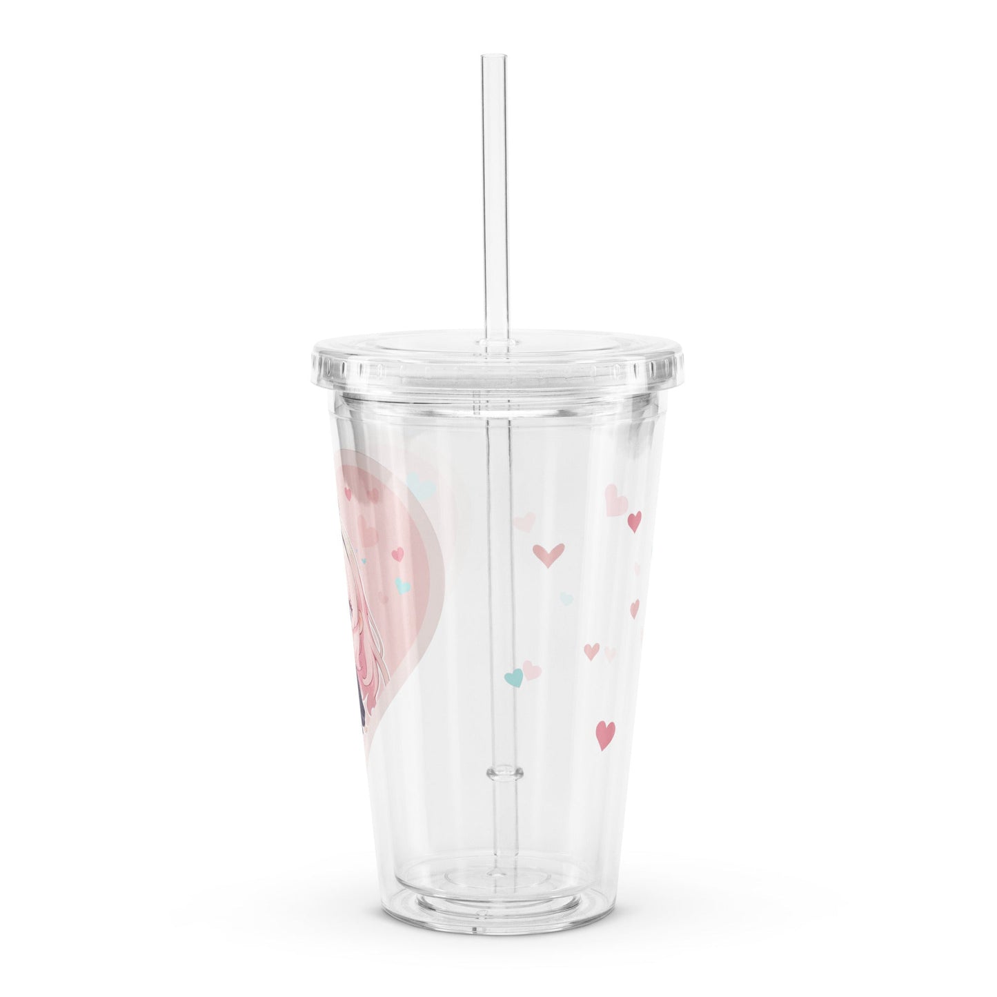 Cute clear tumbler with a pink heart and chibi character, surrounded by pastel hearts, perfect for Valentine's Day.