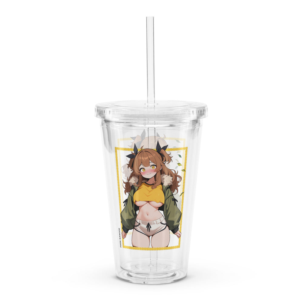 Clear tumbler featuring a charming park ranger waifu with playful attire and vibrant artwork, perfect for hydration.
