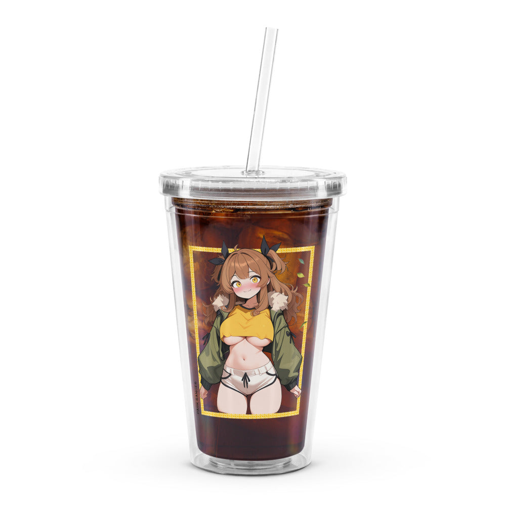 Clear tumbler featuring a playful park ranger waifu with vibrant colors, perfect for gamers and anime fans.