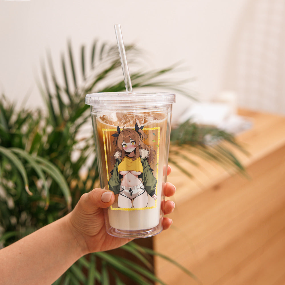 Clear tumbler featuring a playful park ranger waifu with brown hair and a charming outfit, perfect for gamers and anime fans.