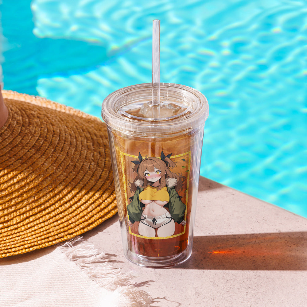 Clear tumbler featuring a playful park ranger waifu design, set by a poolside with ice-cold drink and stylish straw.
