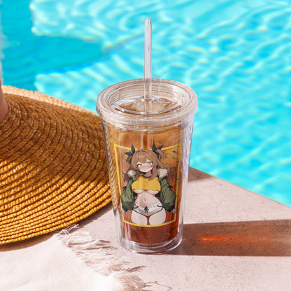 Clear tumbler featuring a playful park ranger waifu design, set by a poolside with ice-cold drink and stylish straw.