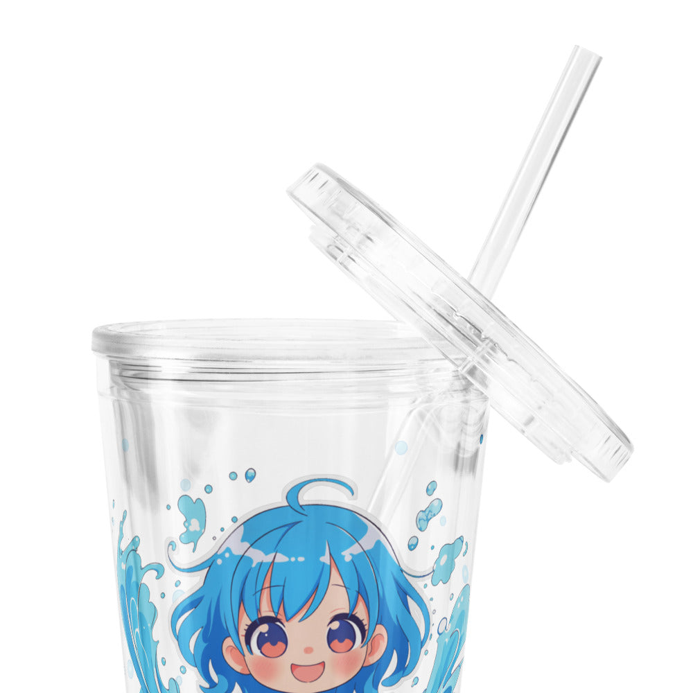Clear tumbler featuring kawaii character with blue hair and playful water splashes, ideal for summer drinks.