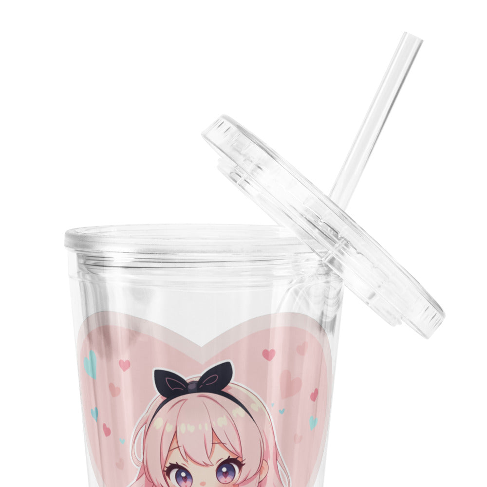 Cute clear tumbler featuring a chibi character in a pink heart, perfect for Valentine's Day sipping.