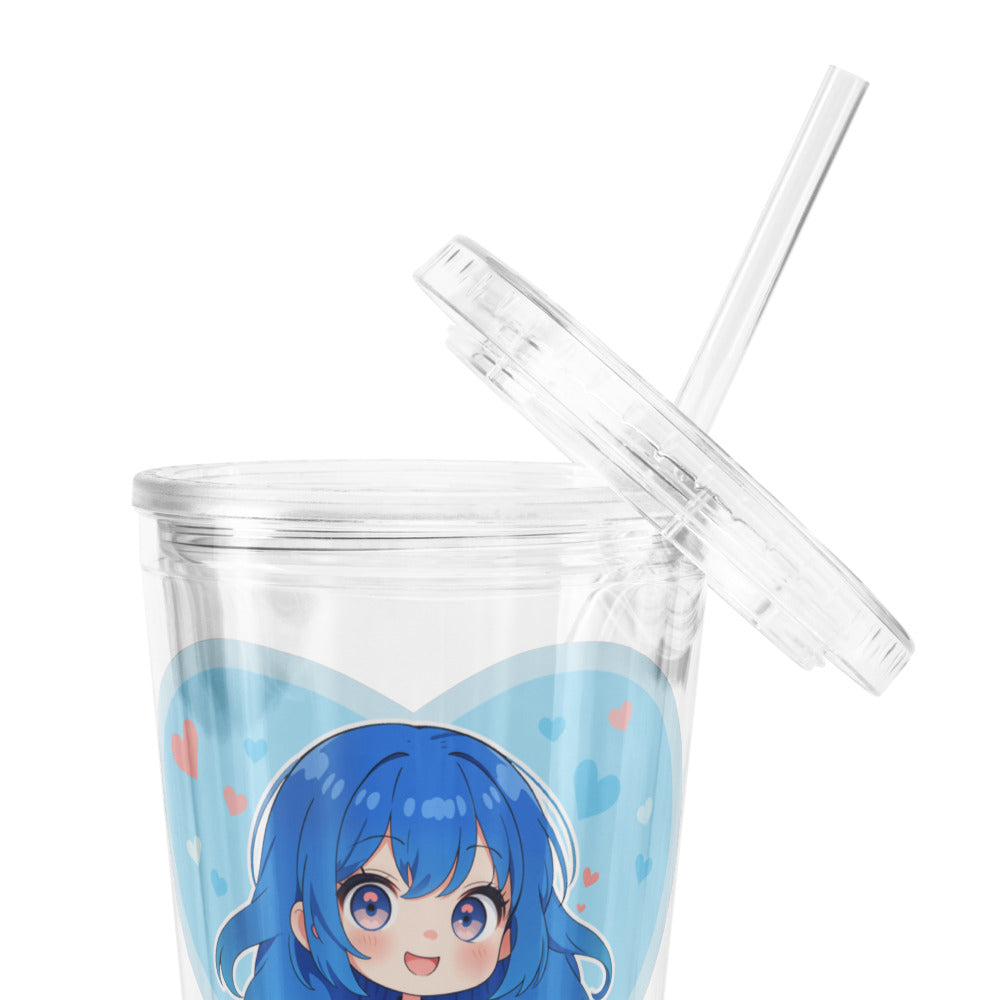 Clear tumbler featuring a blue-haired chibi character within a pastel heart, perfect for Valentine's Day sipping.