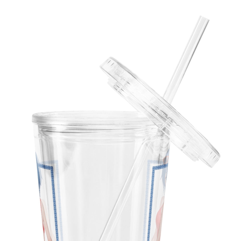 Clear double-wall tumbler with a straw, featuring a colorful design around its exterior.