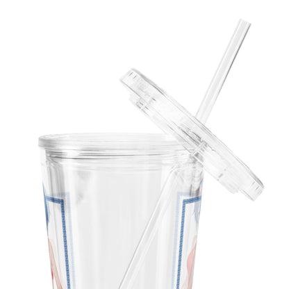 Clear double-wall tumbler with a straw, featuring a colorful design around its exterior.