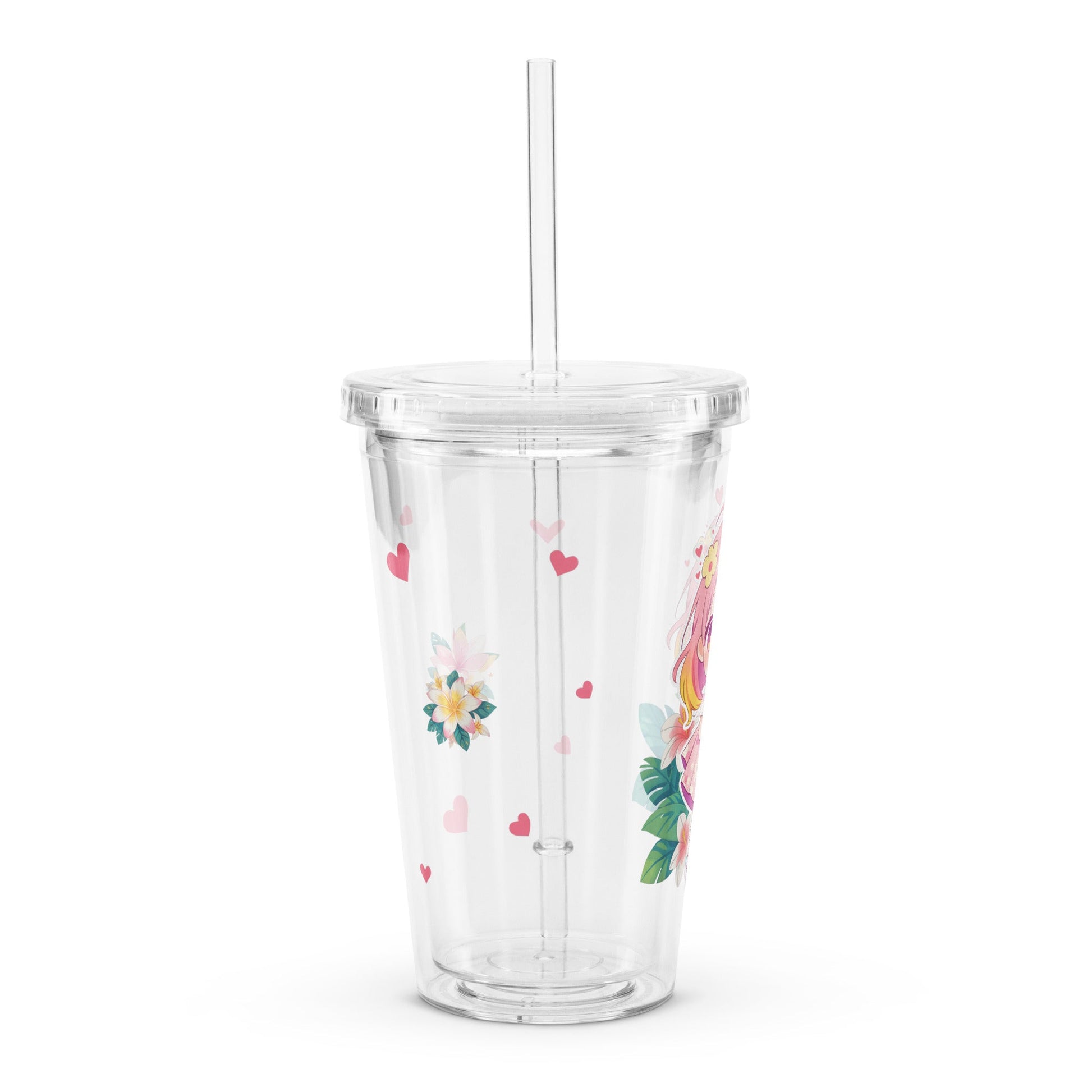 Clear tumbler adorned with tropical flowers and hearts, featuring a cute character and a reusable straw for eco-friendly sipp