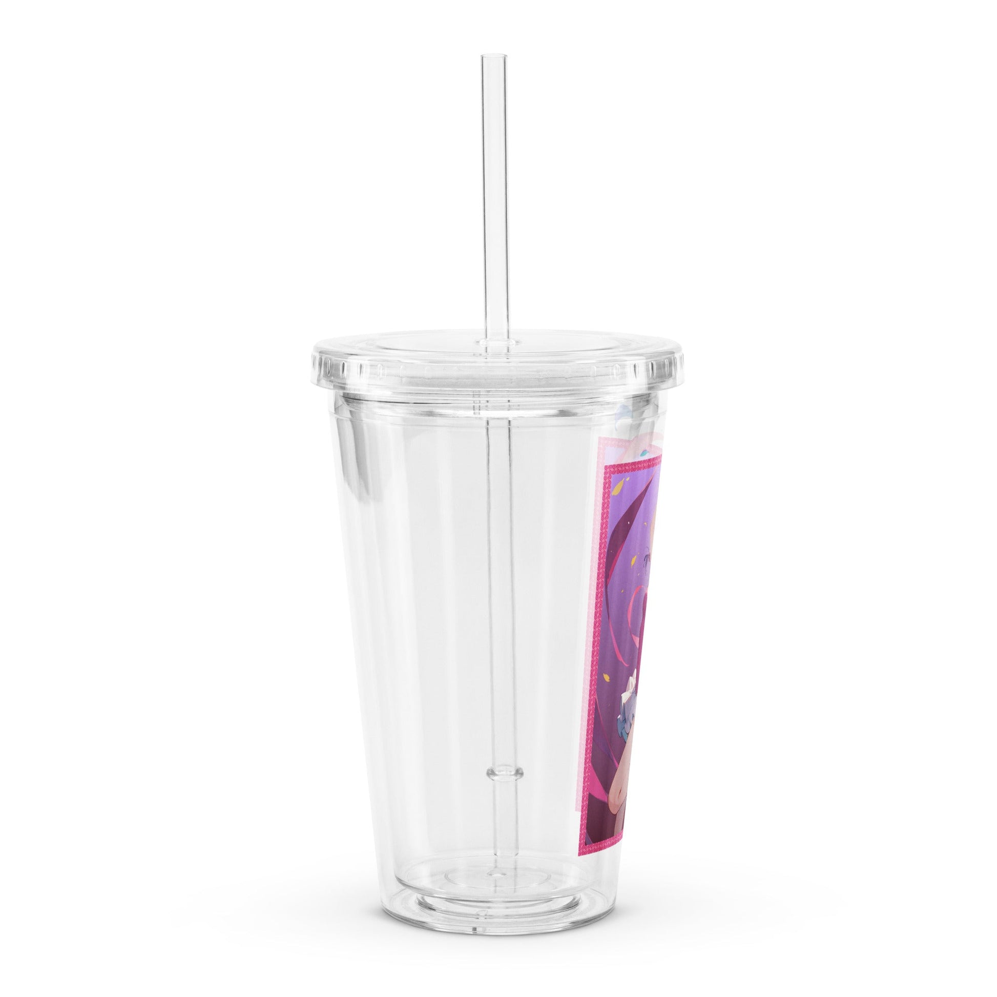 Clear tumbler featuring a kawaii ballet dancer, adorned in pinks and purples, perfect for stylish sipping on the go.