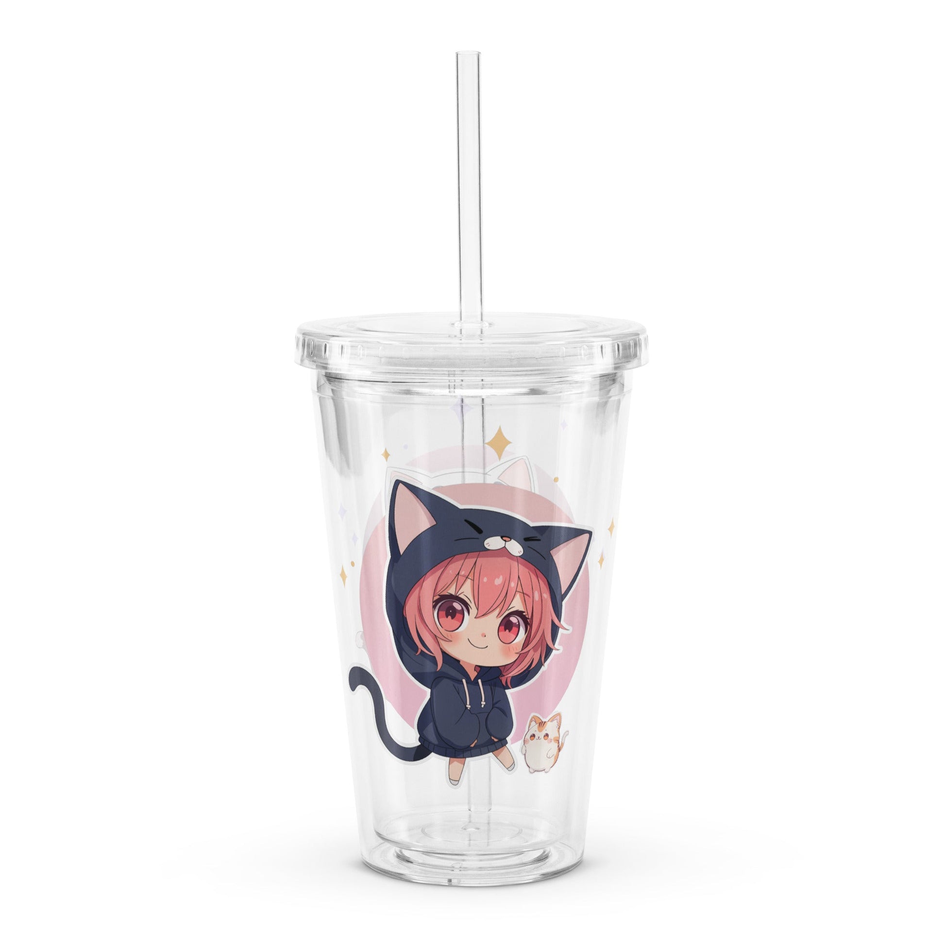 Clear tumbler featuring two chibi kitty girls, one with pink hair and a cat hoodie, perfect for cat lovers.