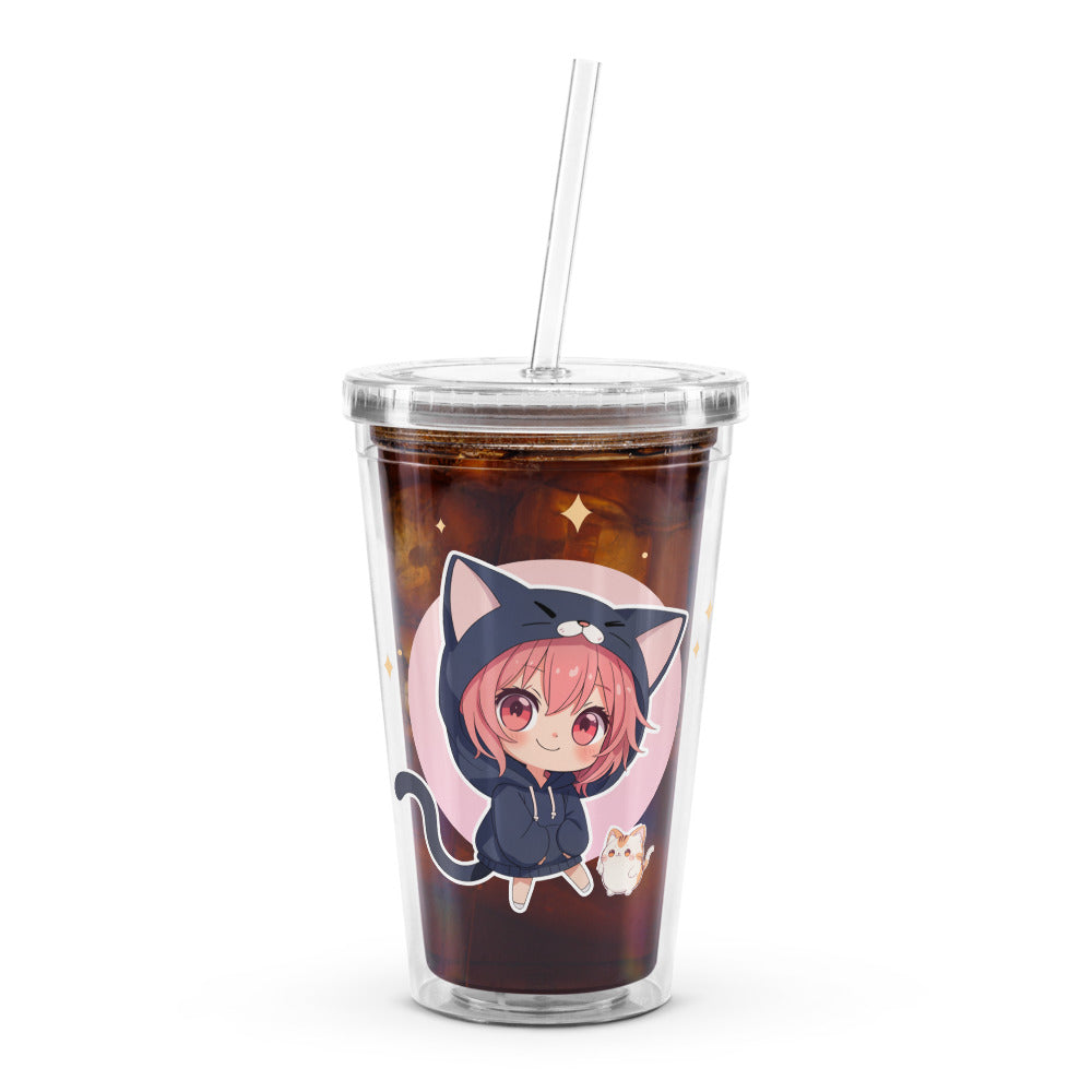 Clear tumbler featuring two chibi kitty girls, one in a cat hoodie, with a straw and cool drink inside.