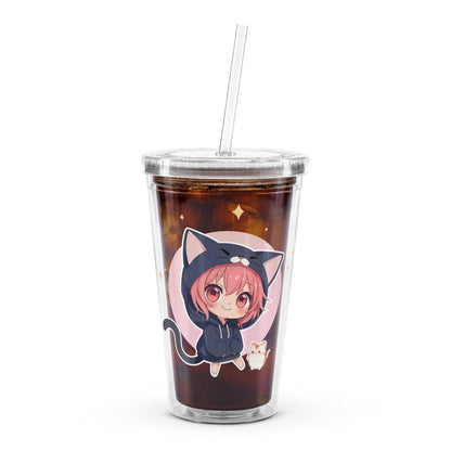 Clear tumbler featuring two chibi kitty girls, one in a cat hoodie, with a straw and cool drink inside.
