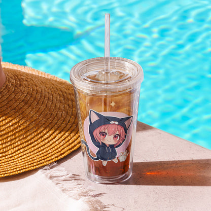 Clear tumbler featuring chibi kitty girls on both sides, perfect for cat lovers, with ice-cold drink by a pool.