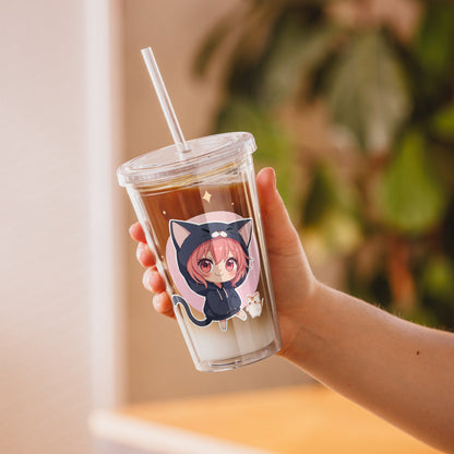 Clear tumbler featuring two chibi kitty girls, perfect for sipping drinks stylishly while on the go.