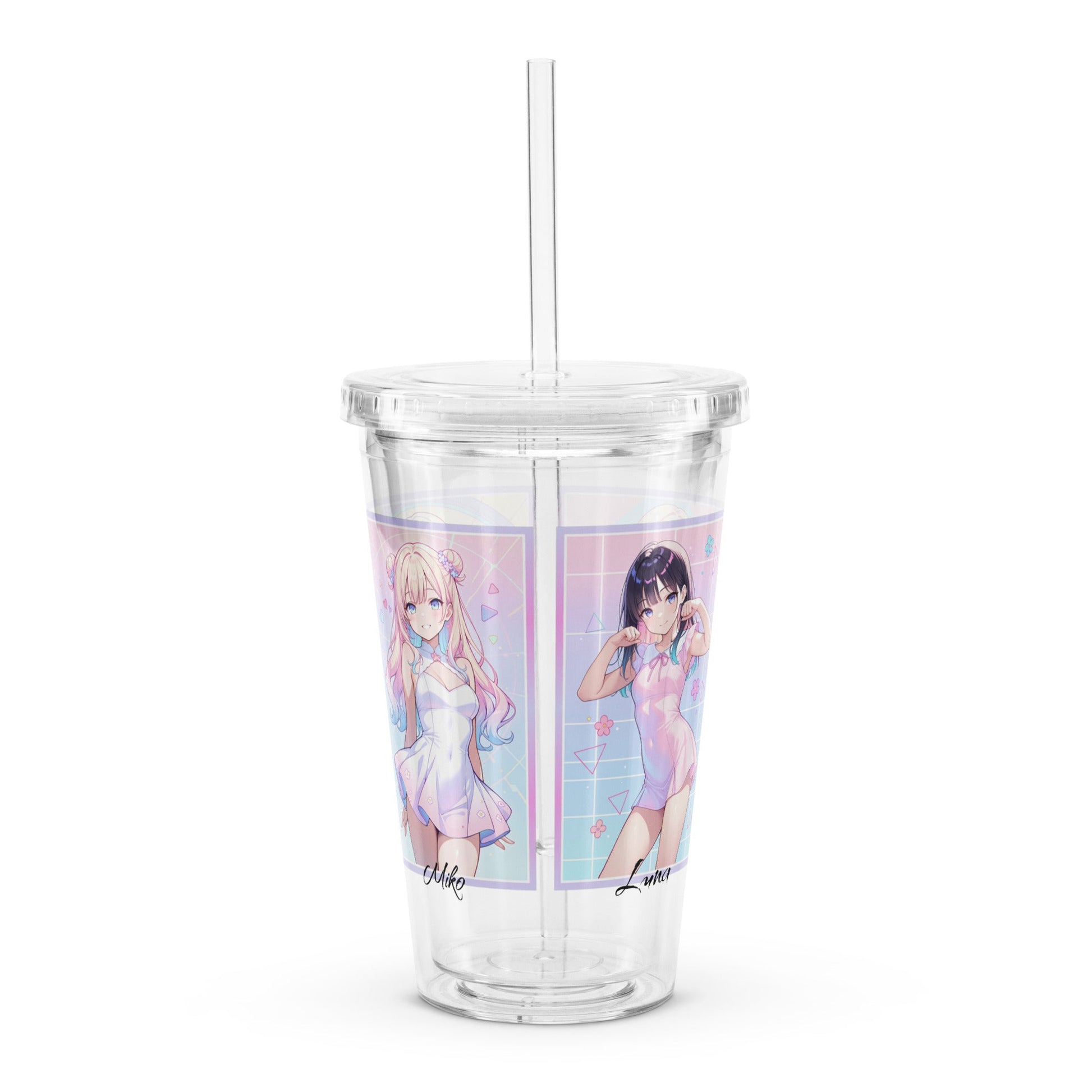 Clear tumbler featuring vibrant anime characters Mika and Luna, perfect for stylish hydration on the go.