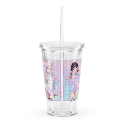 Clear tumbler featuring vibrant anime characters Mika and Luna, perfect for stylish hydration on the go.