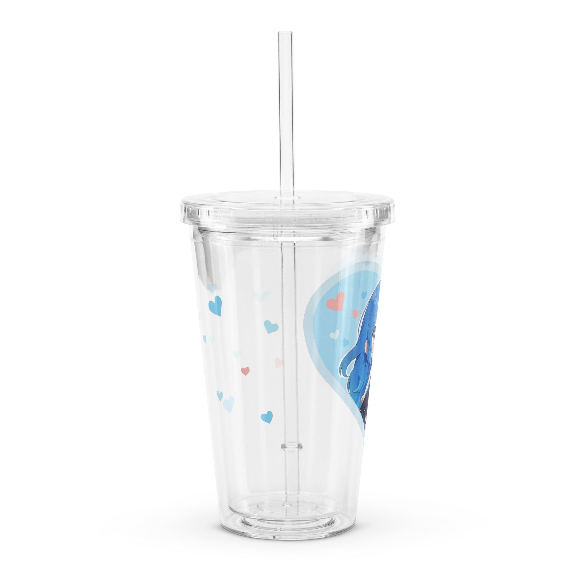 Clear tumbler featuring a blue-haired chibi character framed by pastel hearts, perfect for Valentine’s Day.