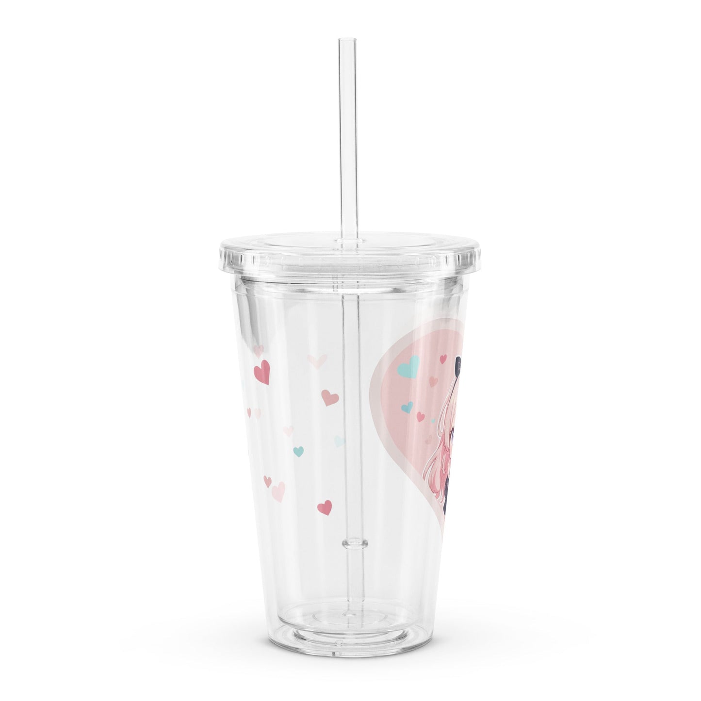Clear tumbler featuring a chibi character surrounded by pastel hearts in soft pink tones, perfect for Valentine's Day.