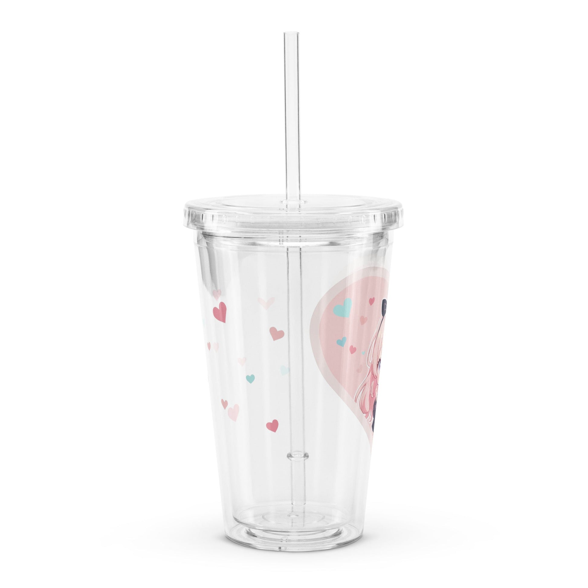 Clear tumbler featuring a chibi character surrounded by pastel hearts in soft pink tones, perfect for Valentine's Day.