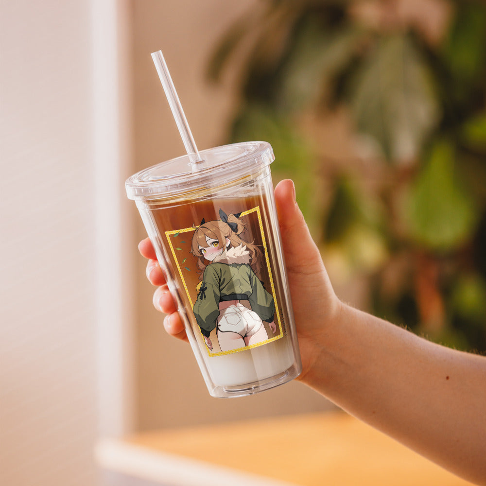 Clear tumbler held in hand, featuring a playful park ranger character with a charming expression and vibrant colors.
