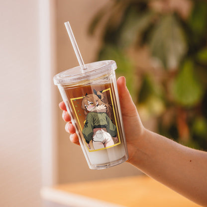 Clear tumbler held in hand, featuring a playful park ranger character with a charming expression and vibrant colors.