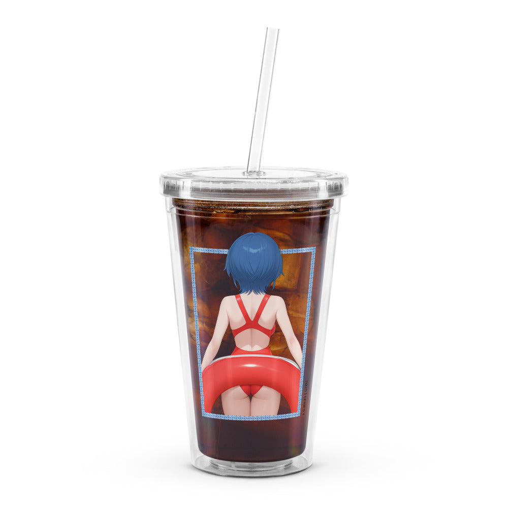Clear tumbler featuring a character with blue hair, wearing a red swimsuit, set against a dark beverage background.