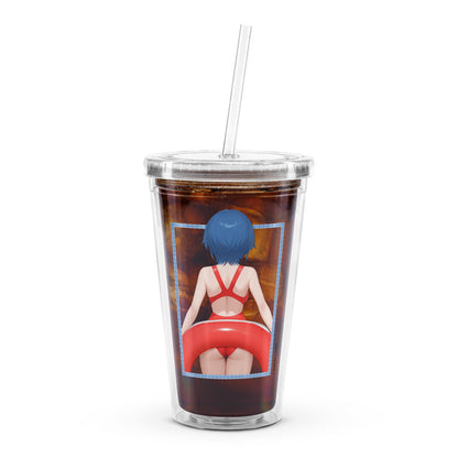 Clear tumbler featuring a character with blue hair, wearing a red swimsuit, set against a dark beverage background.