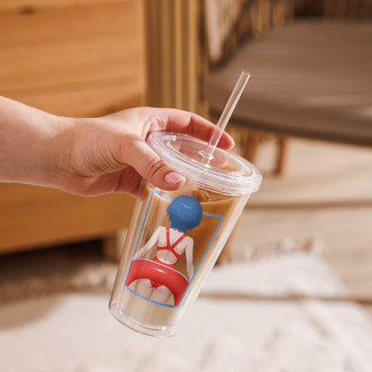Clear tumbler held in hand, featuring an illustration of a character in a red swimsuit with blue hair, filled with a beverage