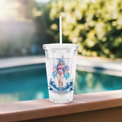 A transparent tumbler featuring a playful Aqua Fox character amidst ocean waves, set against a serene pool backdrop.