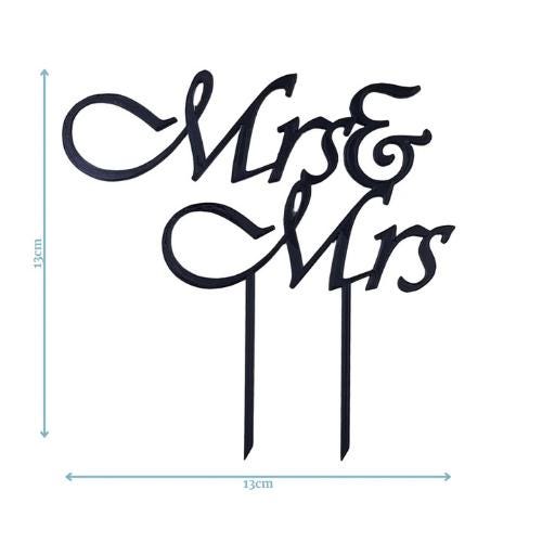 Elegant black "Mrs & Mrs" topper with playful cursive lettering, perfect for celebrating love at weddings. Measures 13cm x 13