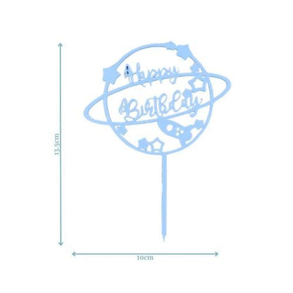 A playful blue cake topper featuring a planet, stars, and "Happy Birthday" for an intergalactic celebration.