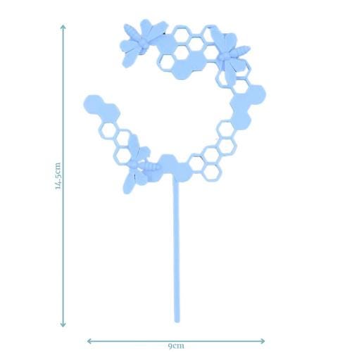 Charming blue honeycomb topper with cute bees, perfect for birthdays and baby showers. Measures 14.5cm x 9cm.